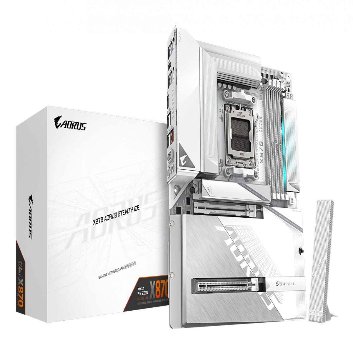 GIGABYTE X870 AORUS STEALTH ICE Motherboard - Supports AMD Ryzen 9000 CPUs, 16+2+2 Phases Digital VRM, up to 8200Hz DDR5 (OC), 2xPCIe 5.0 + 2xPCIe 4.0, Wi-Fi 7, 5 GbE LAN, USB 4