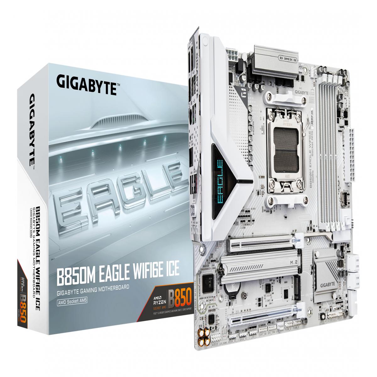 GIGABYTE B850M EAGLE WIFI6E ICE Motherboard - AMD Ryzen 9000 Series CPUs, 8+2+2 Phases Digital VRM, up to 8200MHz DDR5 (OC), 1xPCIe 5.0 + 1xPCIe 4.0 M.2, Wi-Fi 6E, 2.5 GbE LAN, USB 3.2 Gen 2