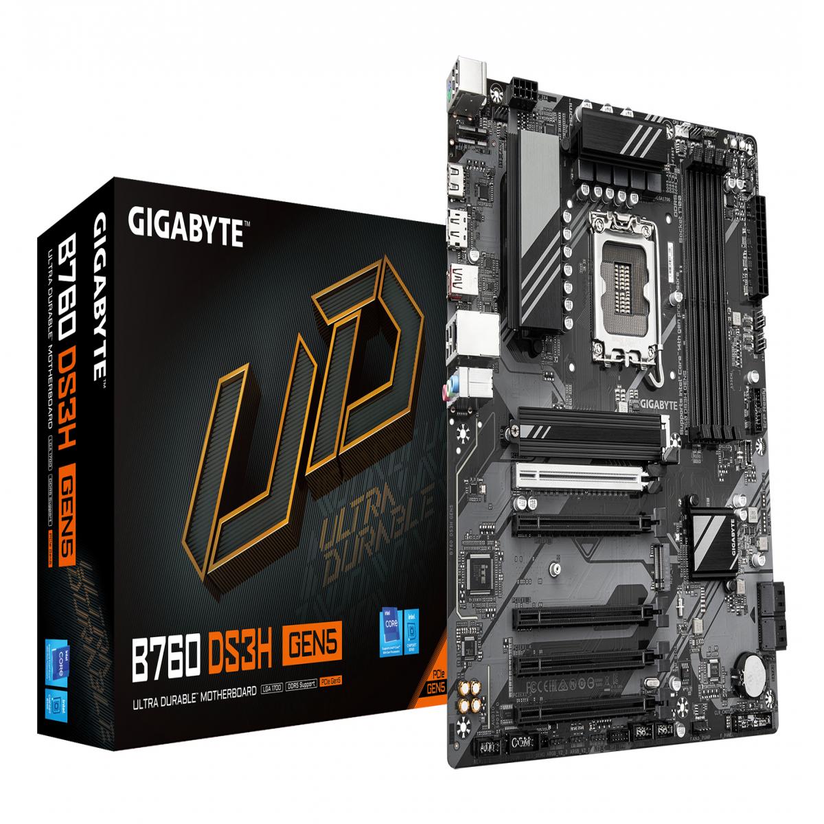 GIGABYTE B760 DS3H GEN5 Motherboard - Supports Intel Core 14th Gen CPUs, 8+2+1 Phases Digital VRM, up to 5600MHz DDR5, 2xPCIe 4.0 M.2, 1GbE LAN, USB 3.2 Gen 2x2