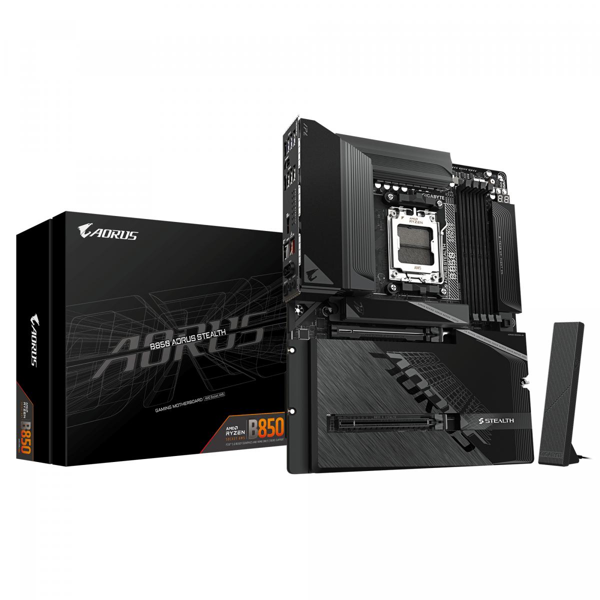 GIGABYTE B850 AORUS STEALTH Motherboard - AMD Ryzen 9000 Series CPUs, 14+2+2 Phases Digital VRM, up to 8200MHz DDR5 (OC), 2xPCIe 5.0 + 2xPCIe 4.0 M.2, WIFI 7, 5 GbE LAN, USB 3.2 Gen 2