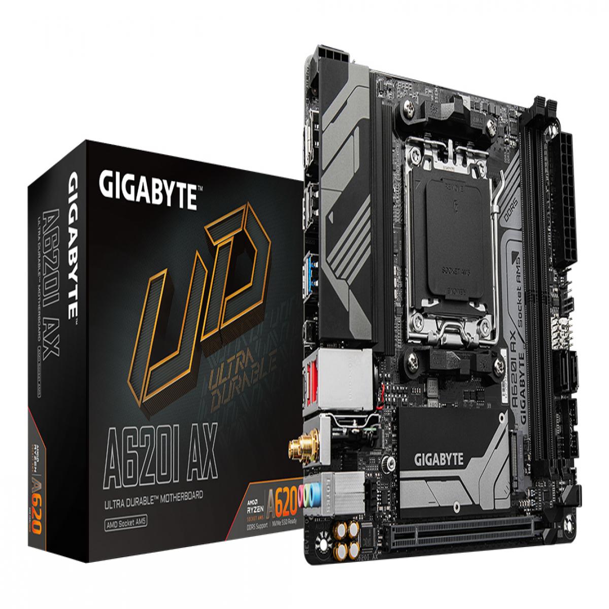GIGABYTE A620I AX Motherboard - Supports AMD Ryzen 8000 CPUs, 5+2+1 Phases Digital VRM, up to 6400MHz DDR5 (OC), 1xPCIe 4.0 M.2, Wi-Fi 6E, 2.5GbE LAN, USB 3.2 Gen 2