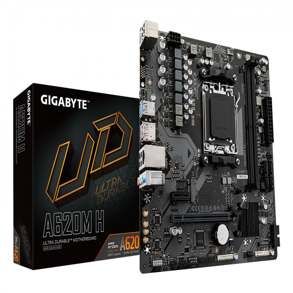 GIGABYTE A620M H Motherboard - Supports AMD Ryzen 8000 CPUs, 5+2+2 Phases Digital VRM, up to 7200MHz DDR5 (OC), 1xPCIe 4.0 M.2, GbE LAN, USB 3.2 Gen 1