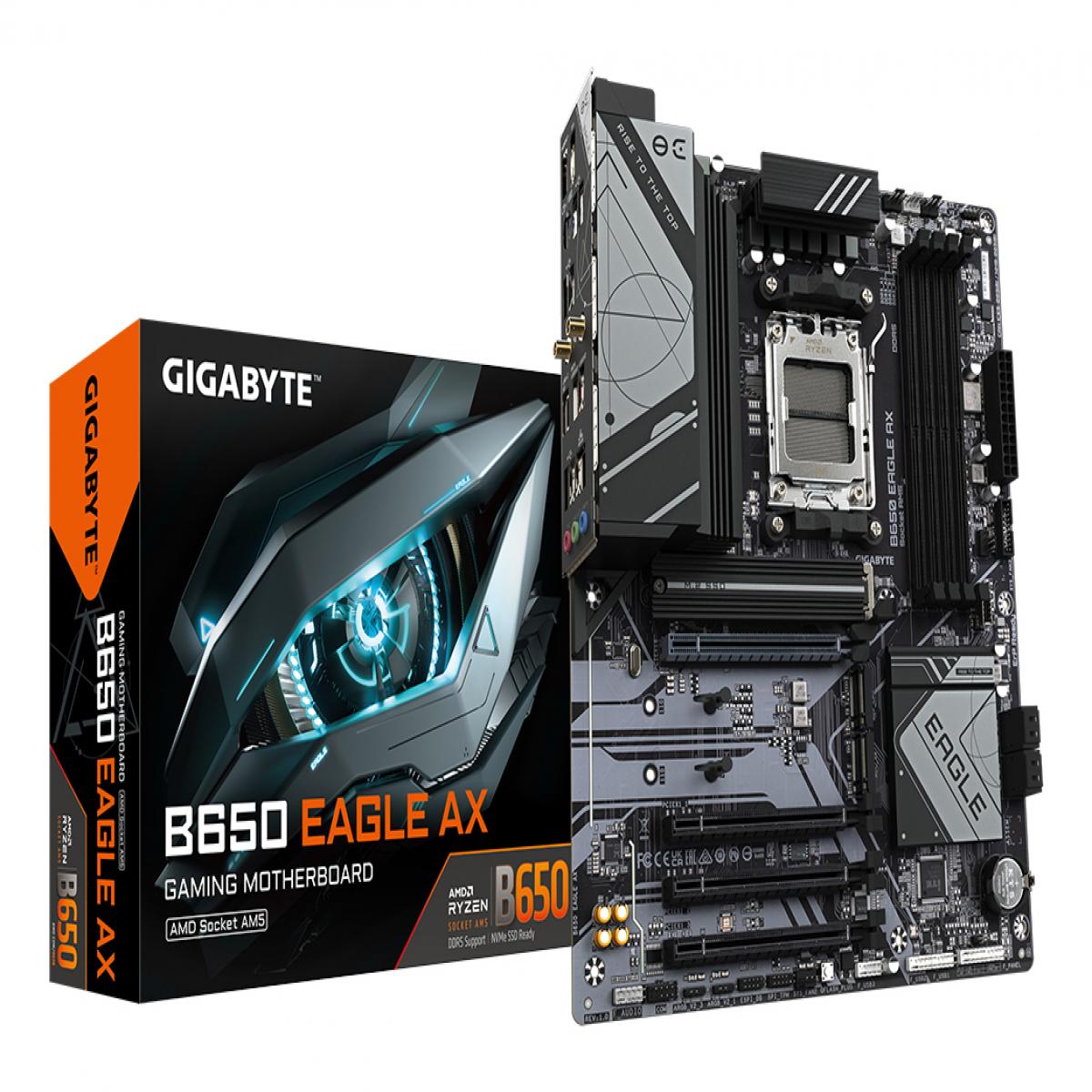 GIGABYTE B650 EAGLE AX Motherboard - AMD Ryzen 9000 Series CPUs, 12+2+2 Phases VRM, up to 7600MHz DDR5 (OC), 1xPCIe 5.0 + 2xPCIe 4.0 M.2, GbE LAN, WIFI 6E, USB 3.2 Gen 2