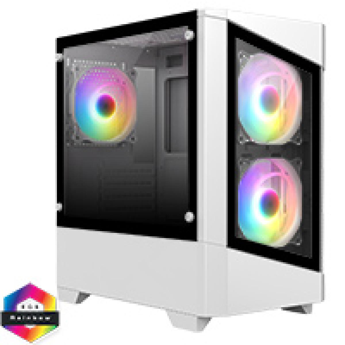 CiT Level 1 White Micro-ATX PC Gaming Case with 3 x 120mm RGB Rainbow Fans Included With 30 Percent Tempered Glass Panels