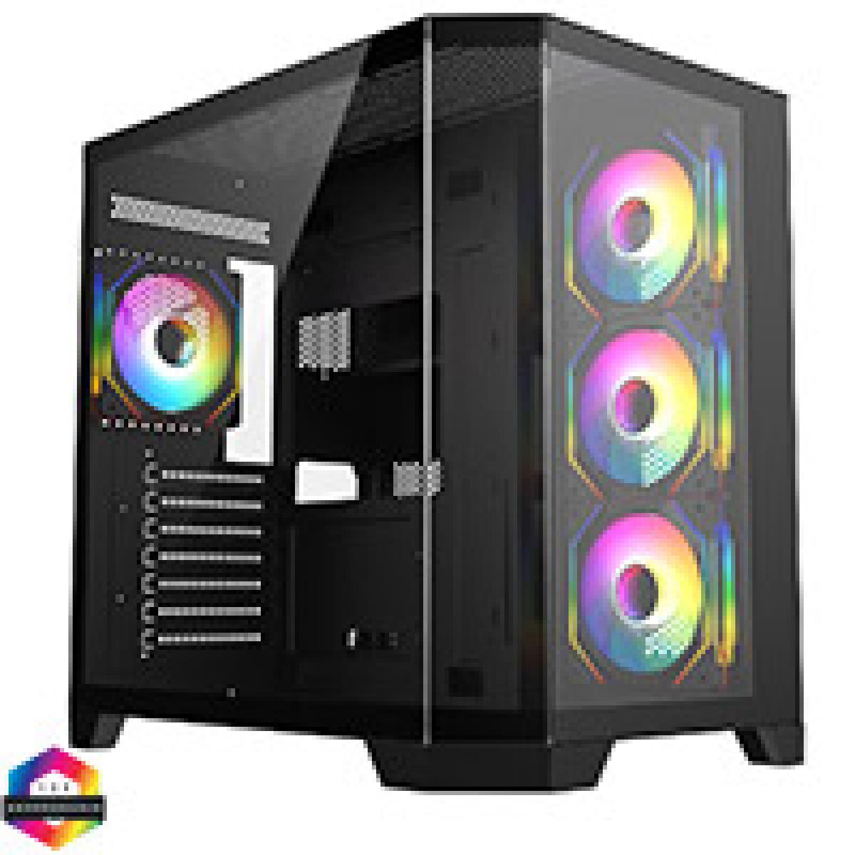 CiT DS360 Black ATX Gaming Case With Dual Chamber Panoramic Tempered Glass With 4 x CiT Pro Storm 120mm Fans and 6 Port PWM Hub