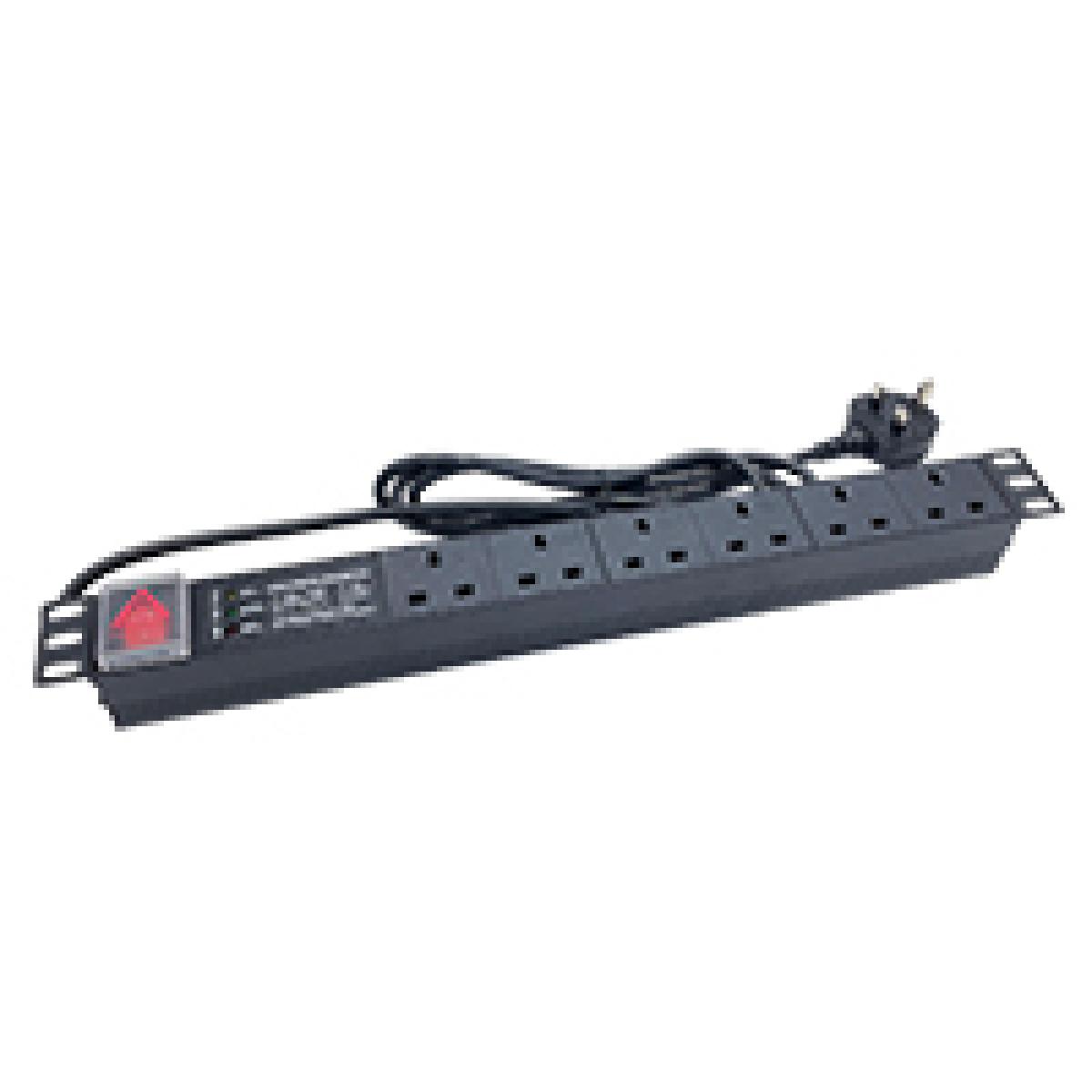 Powercool 1U PDU Horizontal Type 6Way UK Sockets Surge Protect Switch 3 LEDs 1.8m UK Plug