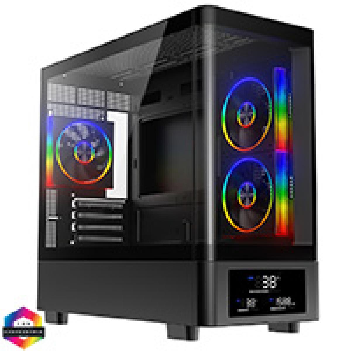 Powercool Gravity Black mATX Gaming Case With Display Curved Tempered Glass With 3 x CiT Saturn PWM ARGB Fans and 6 Port PWM Hub