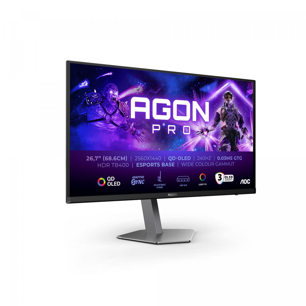 AOC AGON PRO AG276QZD2 computer monitor 67.3 cm (26.5") 2560 x 1440 pixels Quad HD QD-OLED Black, Grey