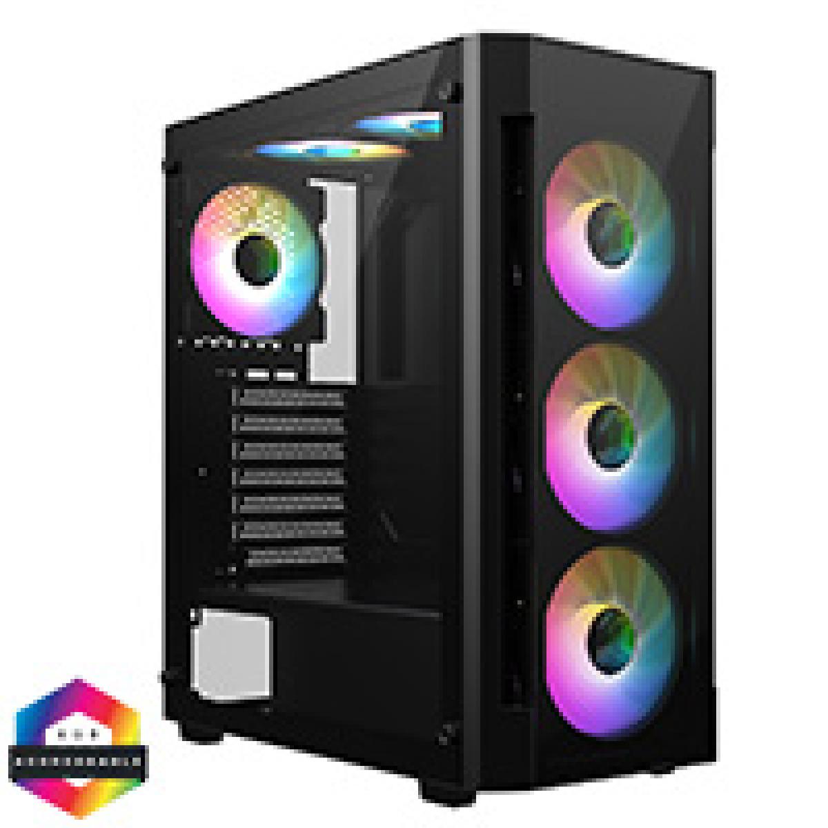CiT Destroyer Black ATX Gaming Case with Tempered Glass Front and Side Panel with 6 x ARGB Fans and 6-Port MB Sync Hub
