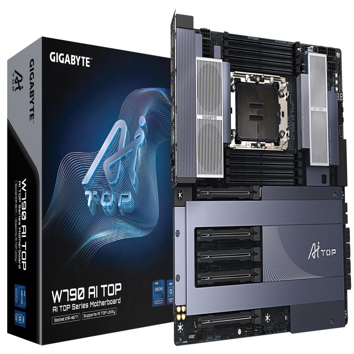GIGABYTE W790 AI TOP Motherboard - Supports Intel Xeon CPUs, 16+2+2 phases VRM, up to 5600MHz DDR5 (OC), 4xPCIe 5.0 + 2xPCIe 4.0 M.2, Wi-Fi 7, 10 GbE LAN, Thunderbolt 4